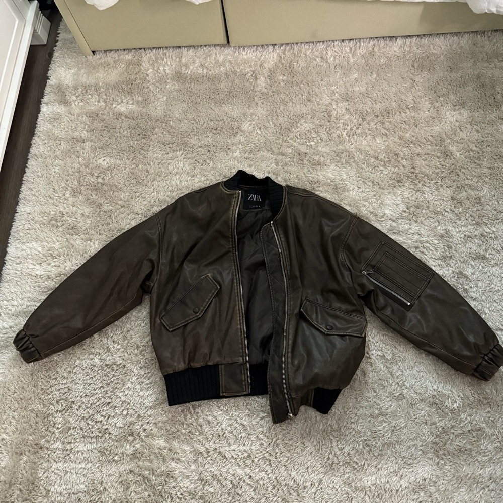 ZARA Brown/Black Bomber Leather Jacket